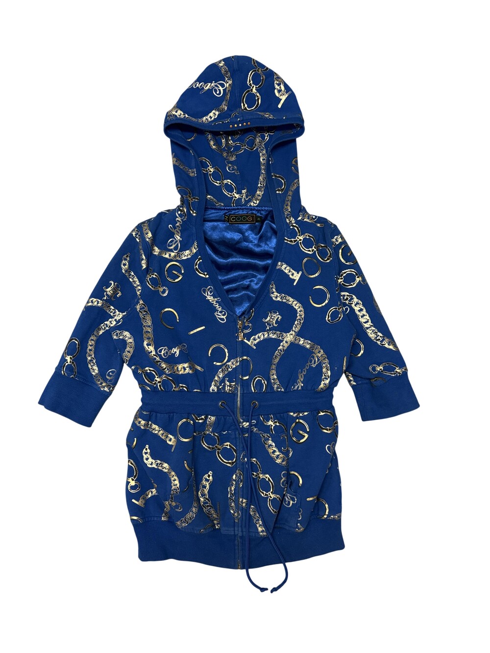 Y2K Coogi Jacket Womens XL Blue Hooded Zip Waist Tie Gold Chain Print Hip Hop
